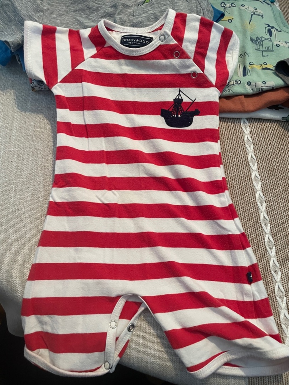 Toobydoo Red & White Striped One-Piece with Nautical Ship Detail